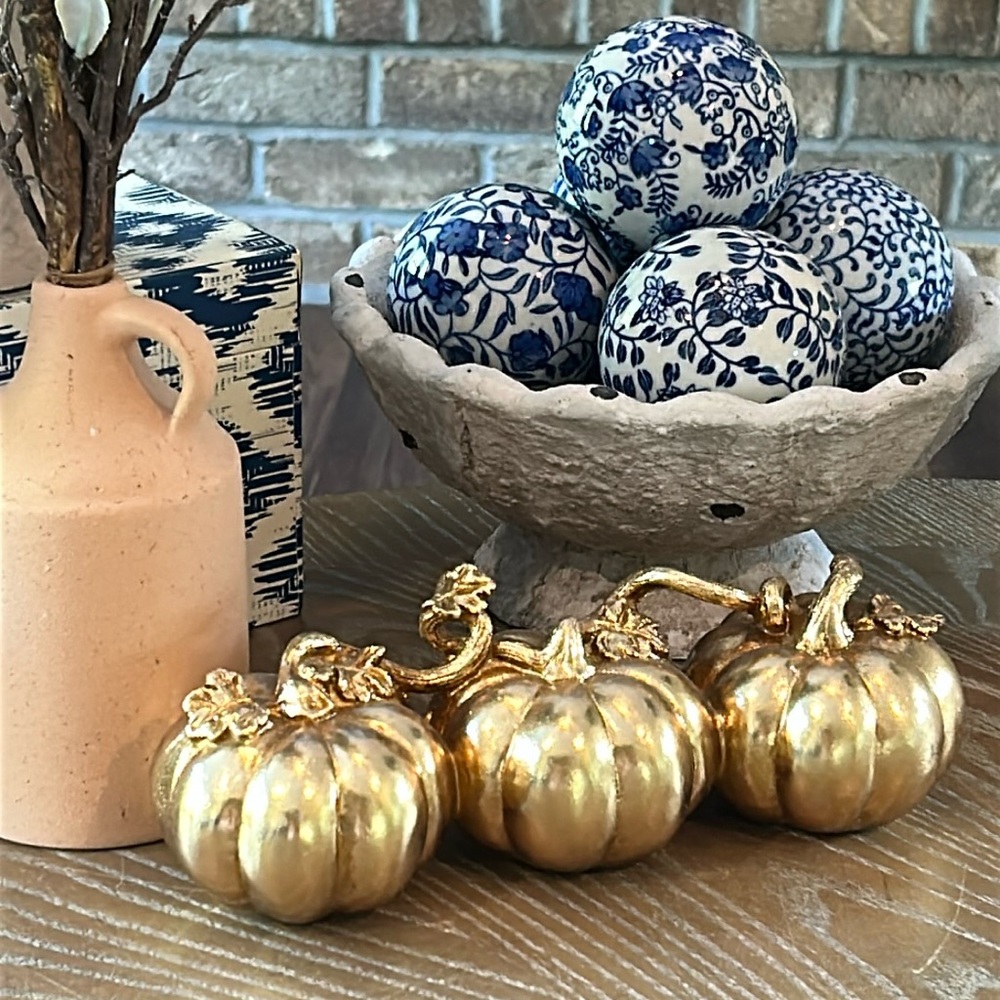 NEW! Shabby Chic Elegant Fall Harvest Metallic Gold Autumn Pumpkin Trio
